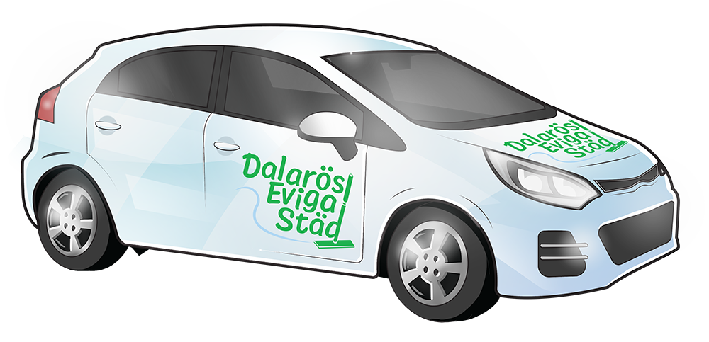 Illustrerad vit bil med Dalarös Eviga Städs logotyp